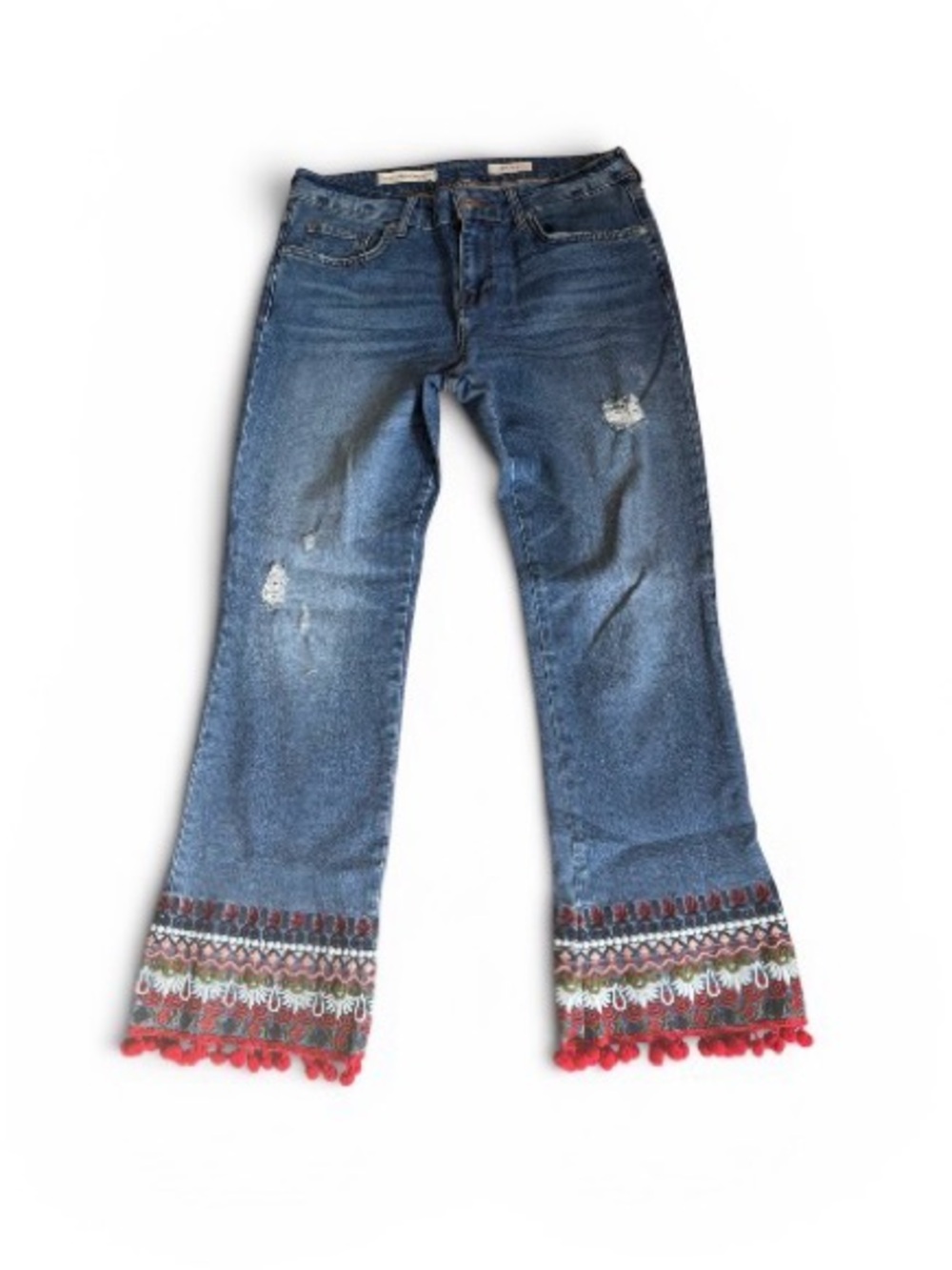 Blue Embroidered Hem Women's Jeans with Red Pom Trim size 29
